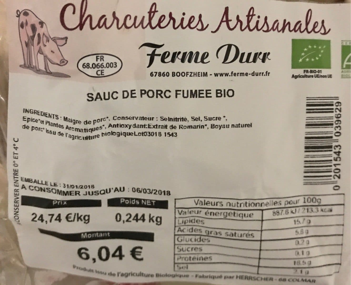 Open Food Facts Saucisse de porc fumée bio packshot