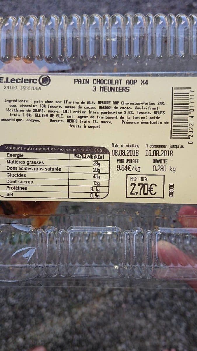 Open Food Facts Pain chocolat aop x4 3 meuniers packshot