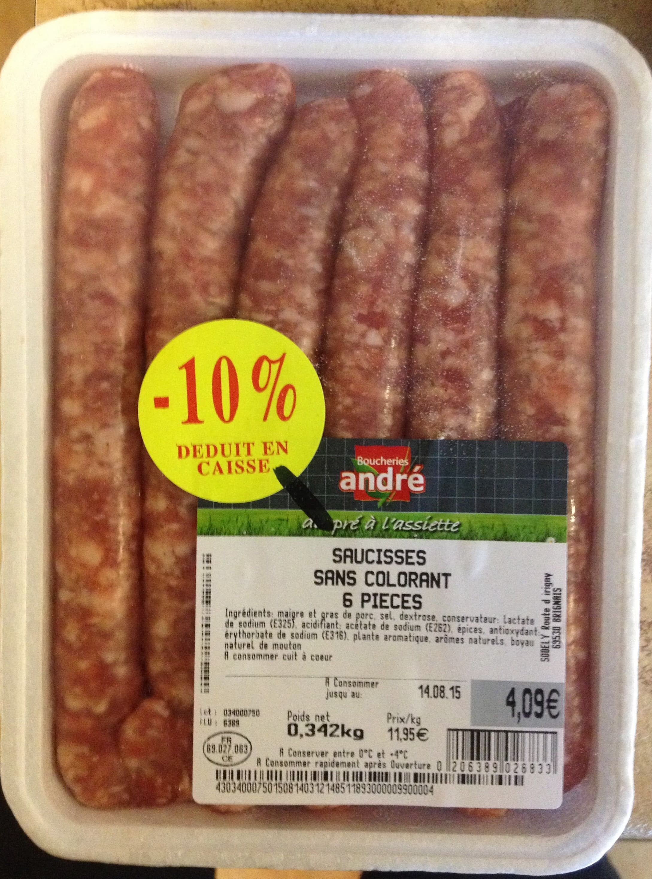 Boucheries andré Saucisses sans colorant 6 pièces packshot