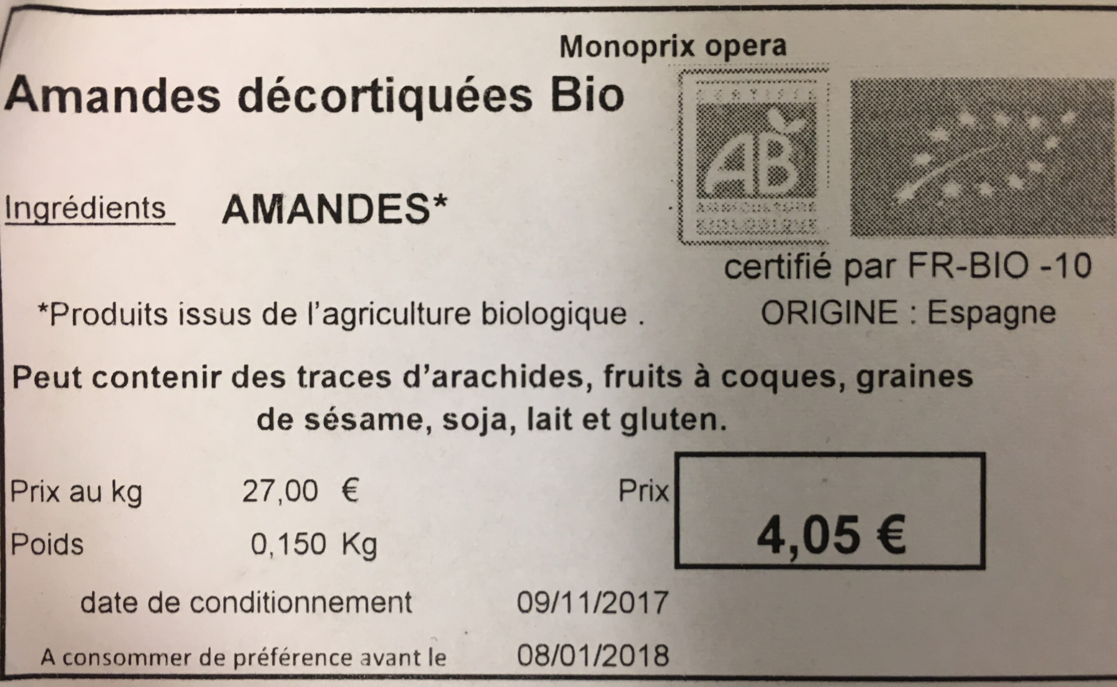 Monoprix Amandes decortiquées Bio packshot