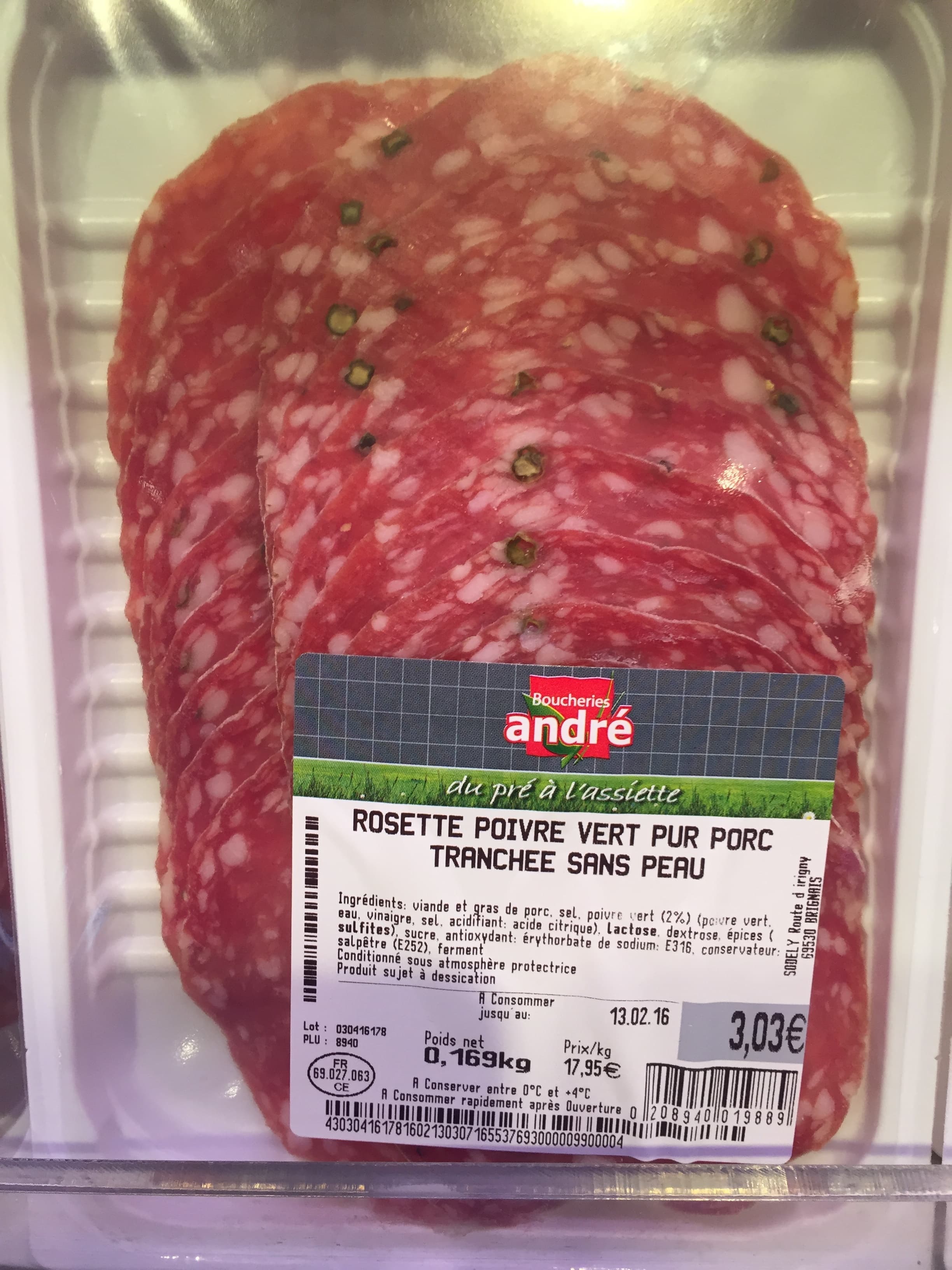 Boucheries André rosette poivre vert pur porc tranchée sans peau packshot