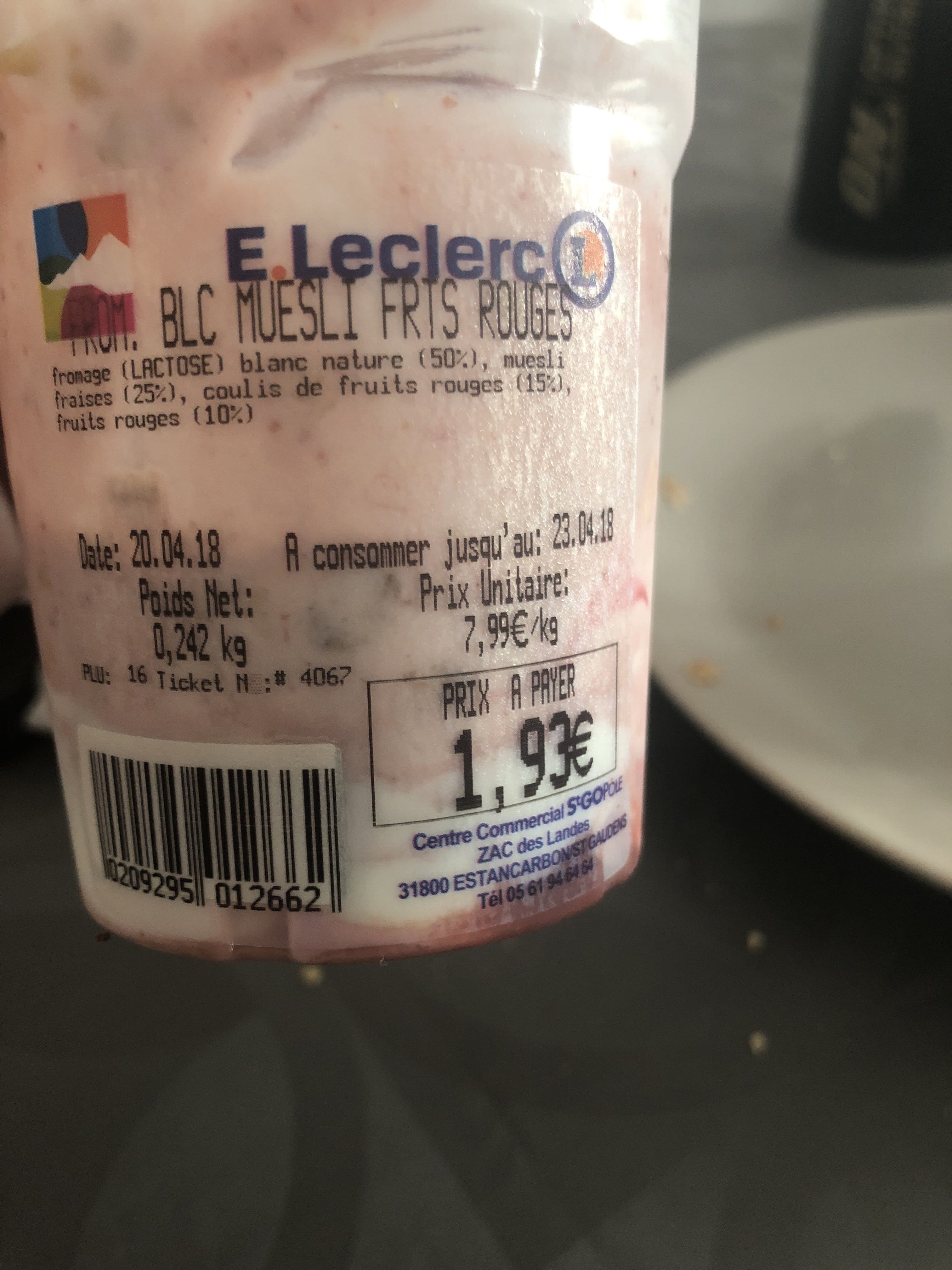 Leclerc Fromage blanc muesli fruits rouges packshot