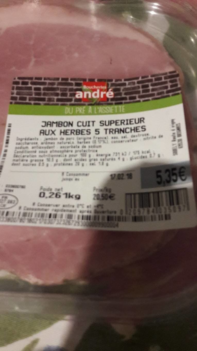 Boucherie André Jambon cuit supérieur aux herbes 5 tranches packshot