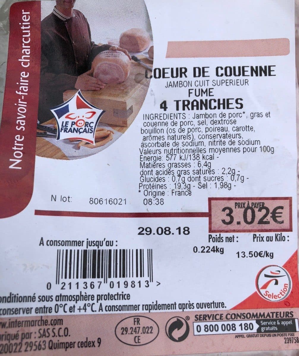 Open Food Facts Coeur de couenne, jambon cuit superieur fumé packshot