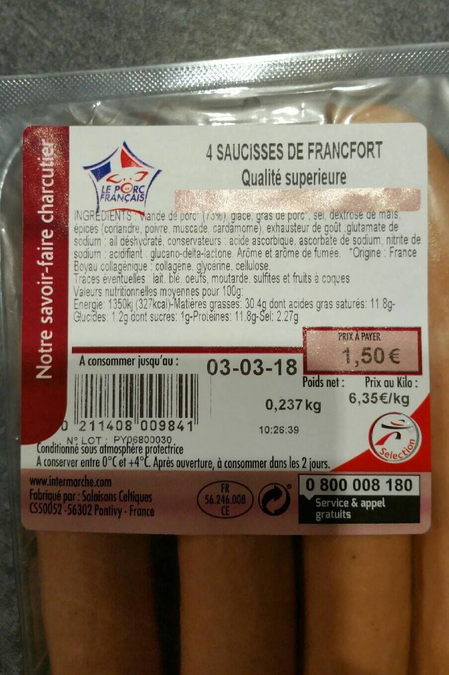 Notre Savoir Faire Charcutier Intermatché 4 saucisses de francfort packshot