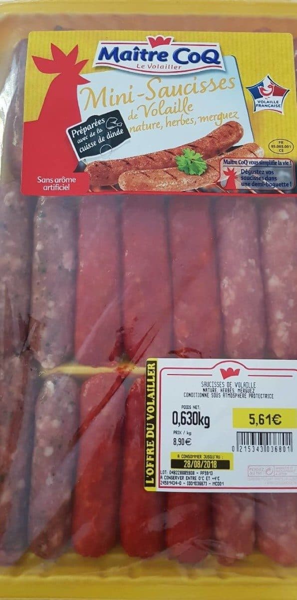 Open Food Facts Mini-Saucisses de Volaille (nature, herbes, merguez) packshot