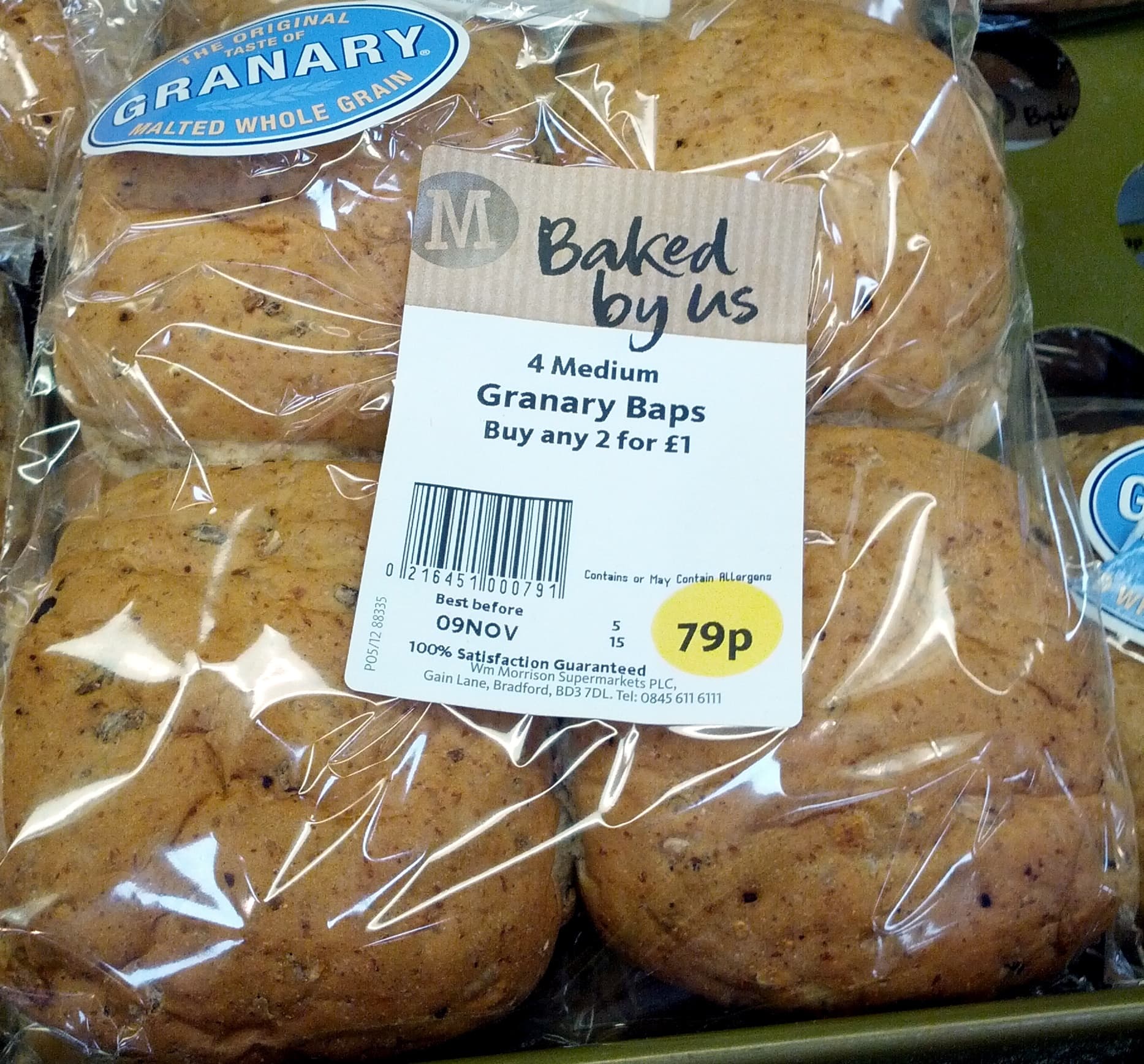 Morrisons Baked by Us 4 Medium Granary Baps packshot