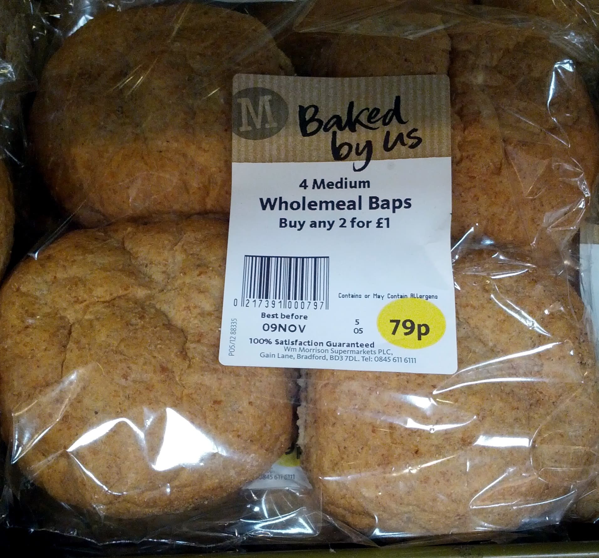 Morrisons Baked by Us 4 Medium Wholemeal Baps packshot