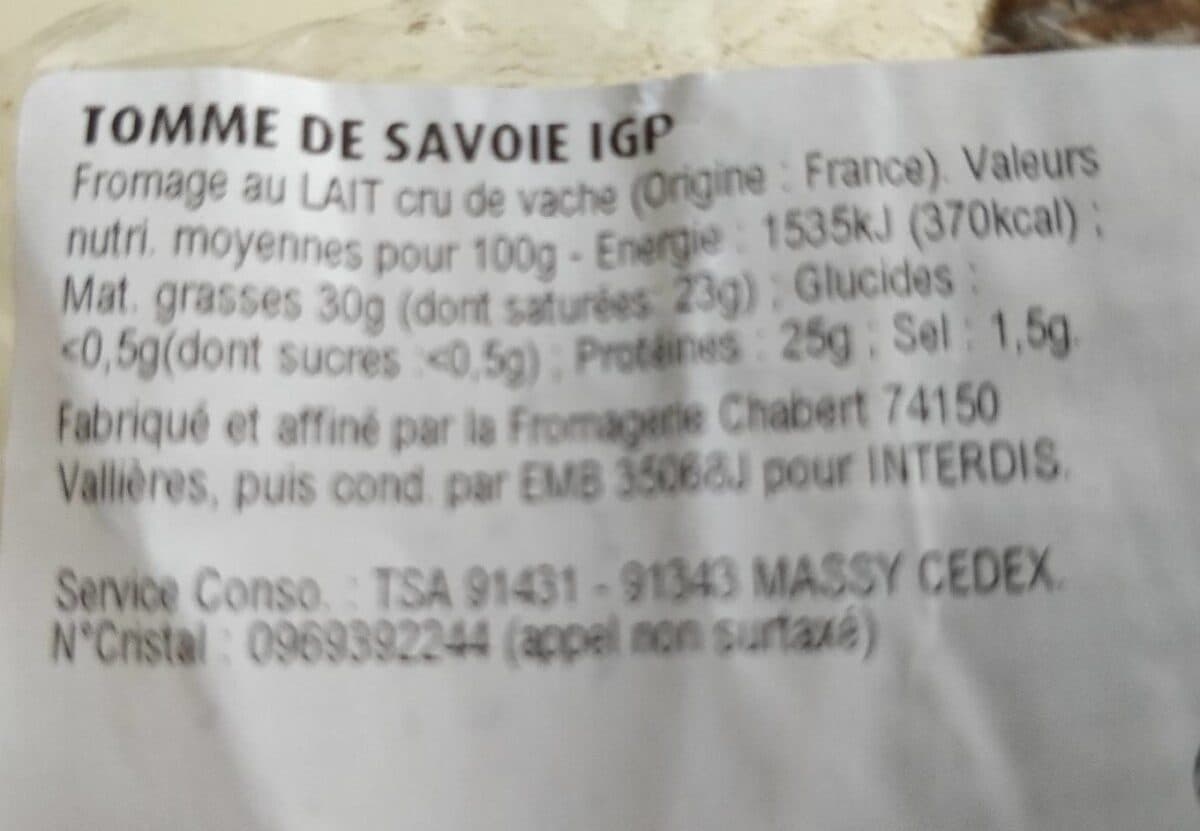 Open Food Facts Tomme de Savoie au lait cru packshot