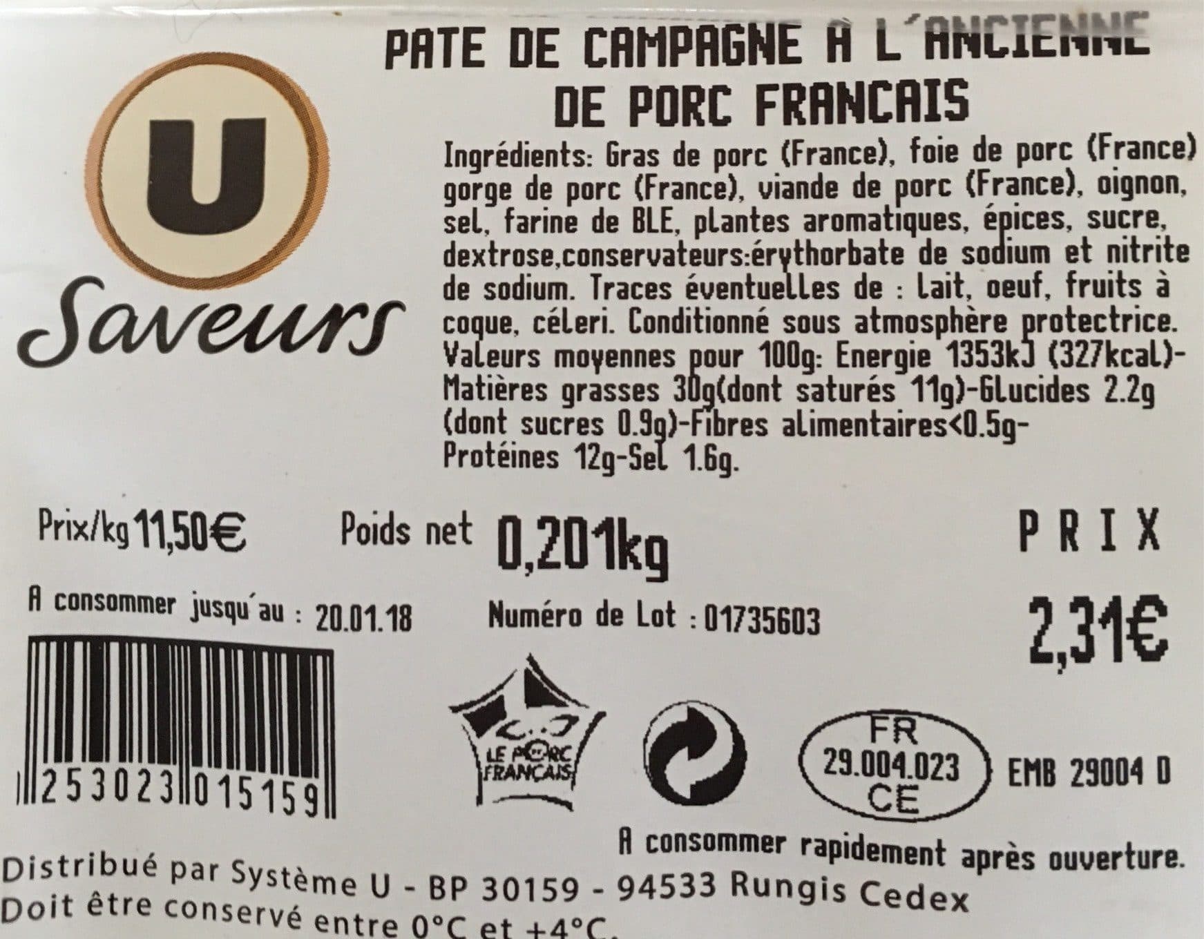 U Pate de campagne a l'ancienne de porc francais packshot