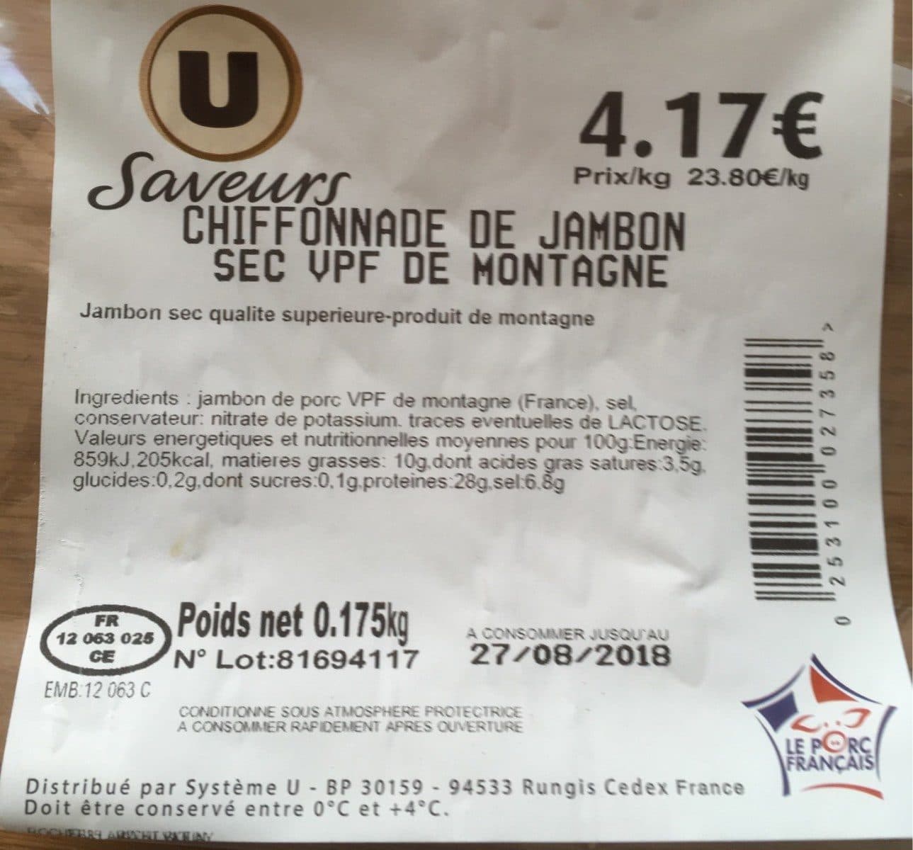 U Chiffonade de jambon sec VPF de montagne packshot
