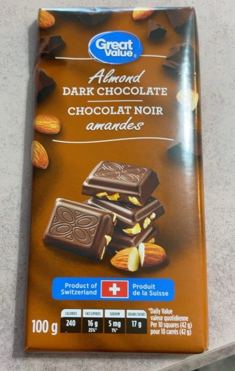 Great Value almond dark chocolate packshot