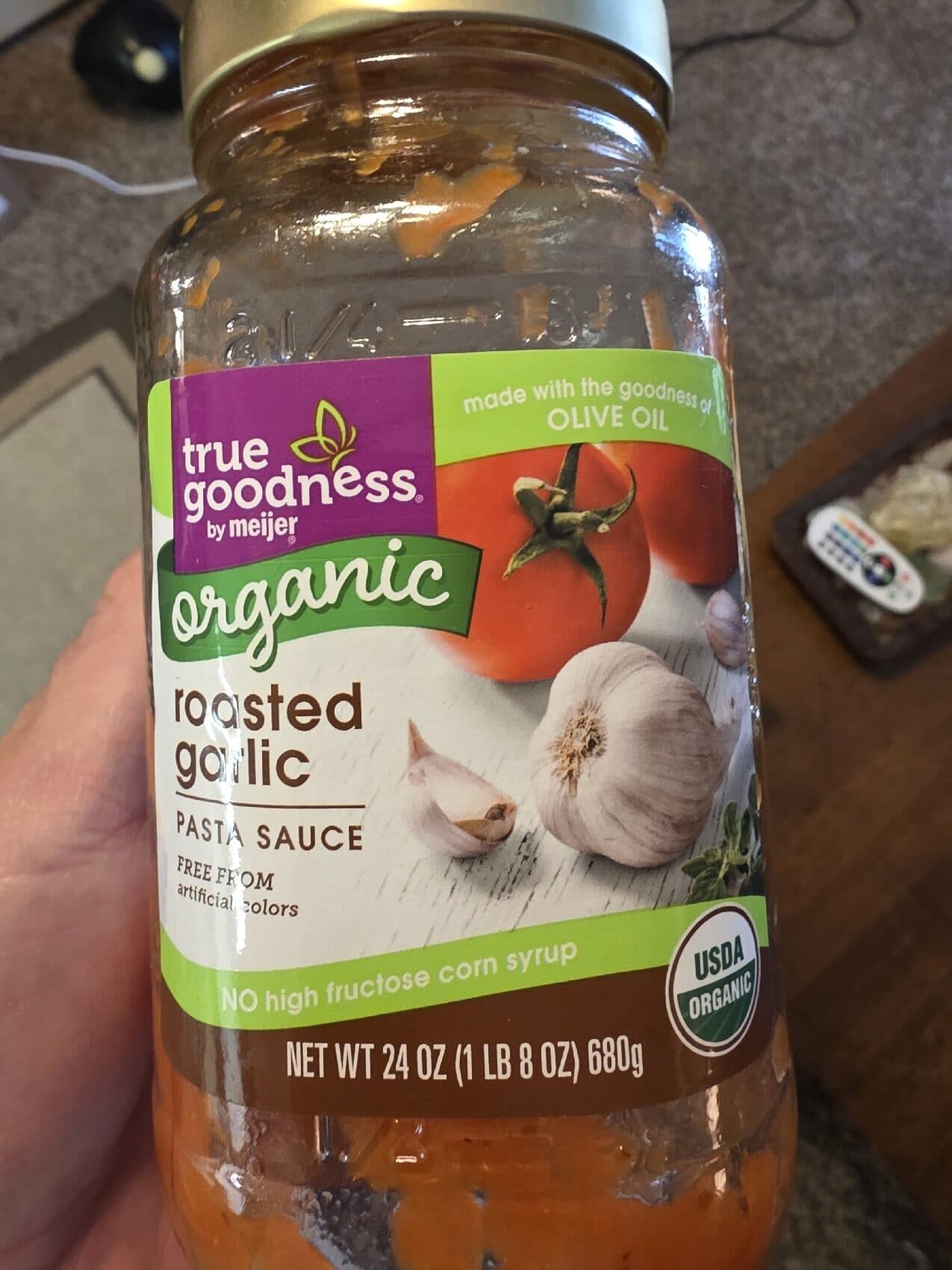 Meijer Meijer, true goodness, organic pasta sauce, roasted garlic, roasted garlic packshot