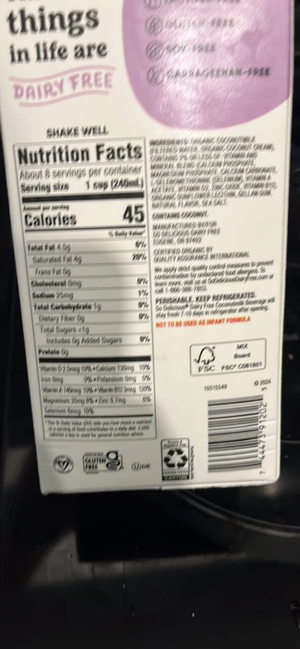 So Delicious Organic coconut unsweetened vanilla coconutmilk packshot
