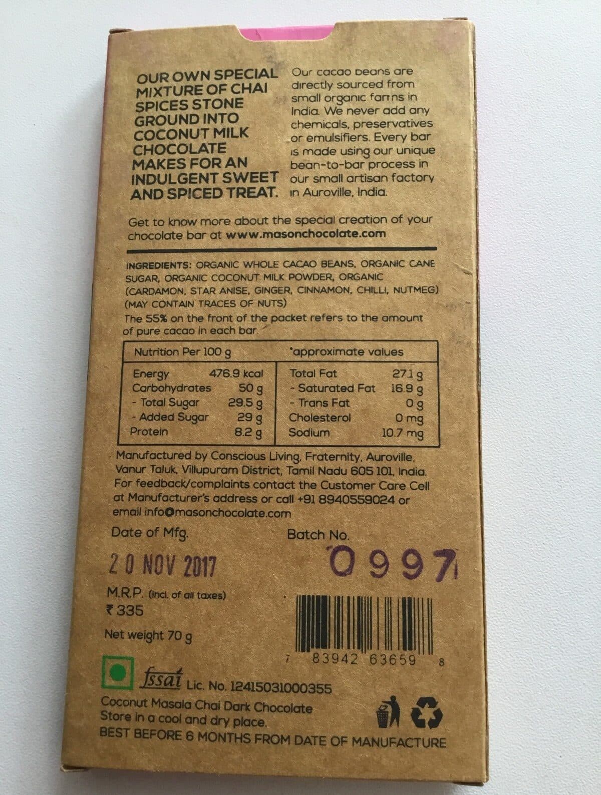 Open Food Facts Coconut Masala Chai Dark Chocolate packshot