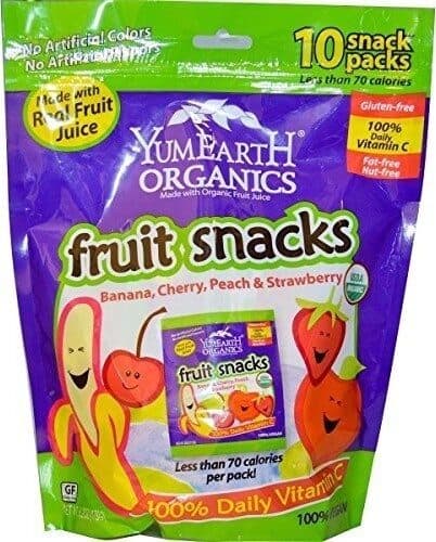 YumEarth Organic Fruit Snacks Banana Blast, Strawberry Smash, Very Very Cherry, Perfectly Peach packshot