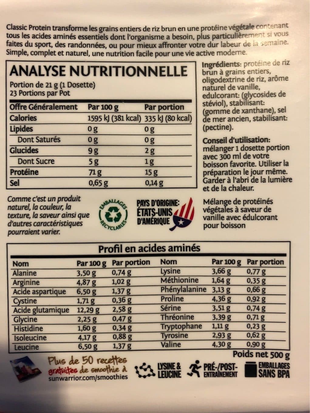 Sunwarrior Protéine Classique De Riz à La Vanille Bio - 500 G - Sunwarrior packshot