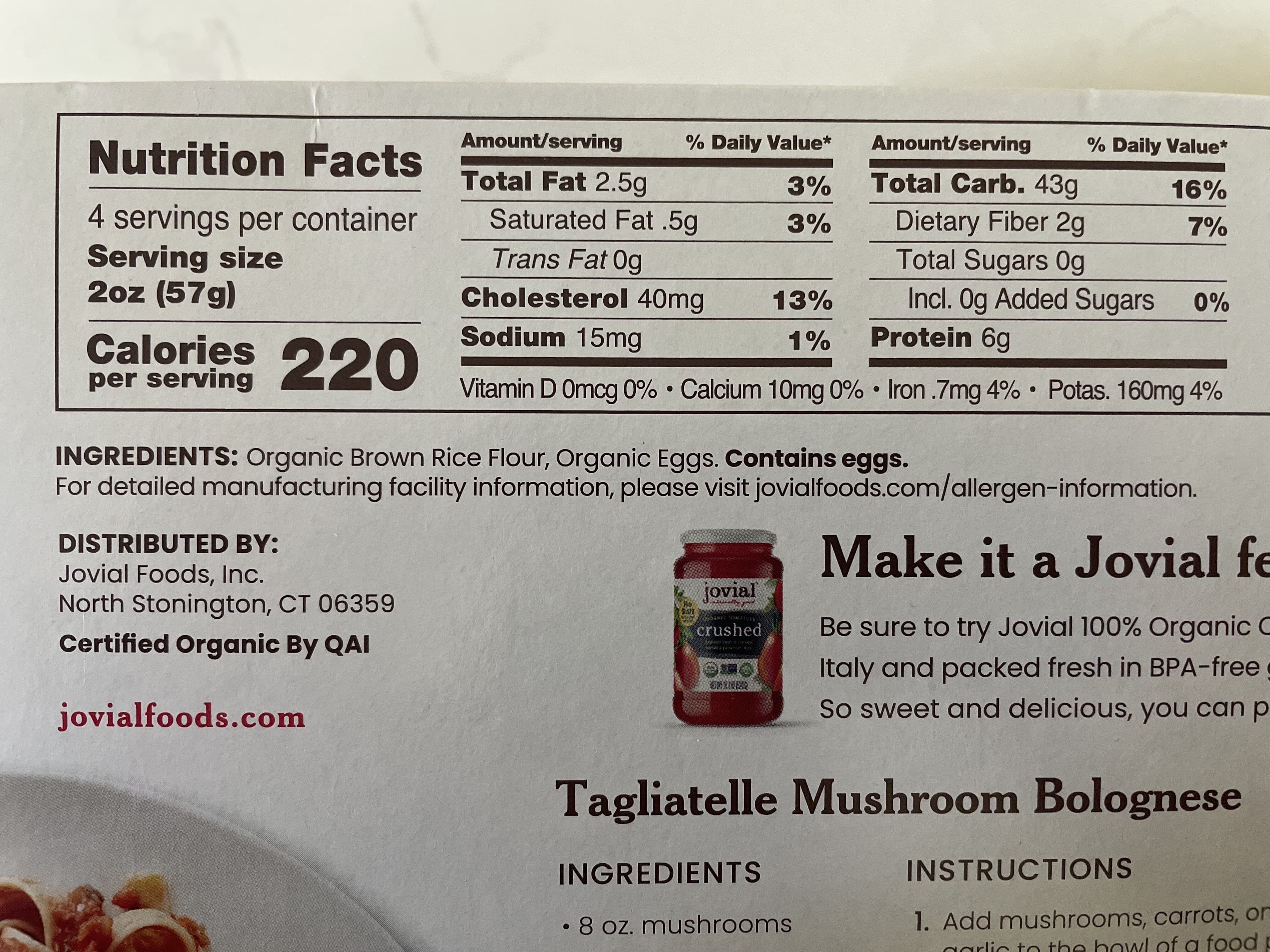 Jovial 100% organic traditional egg pasta packshot