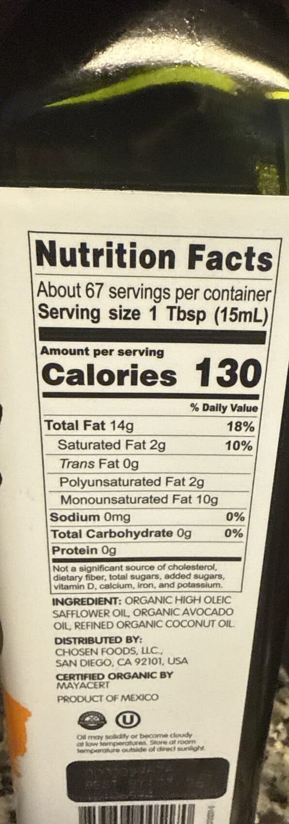 Chosen Foods Organic Avocado, Coconut & Safflower Oil packshot