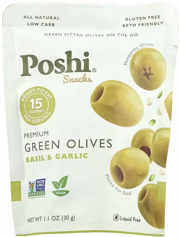 Poshi Poshi, Snacks, Premium Green Olives, Basil & Garlic packshot