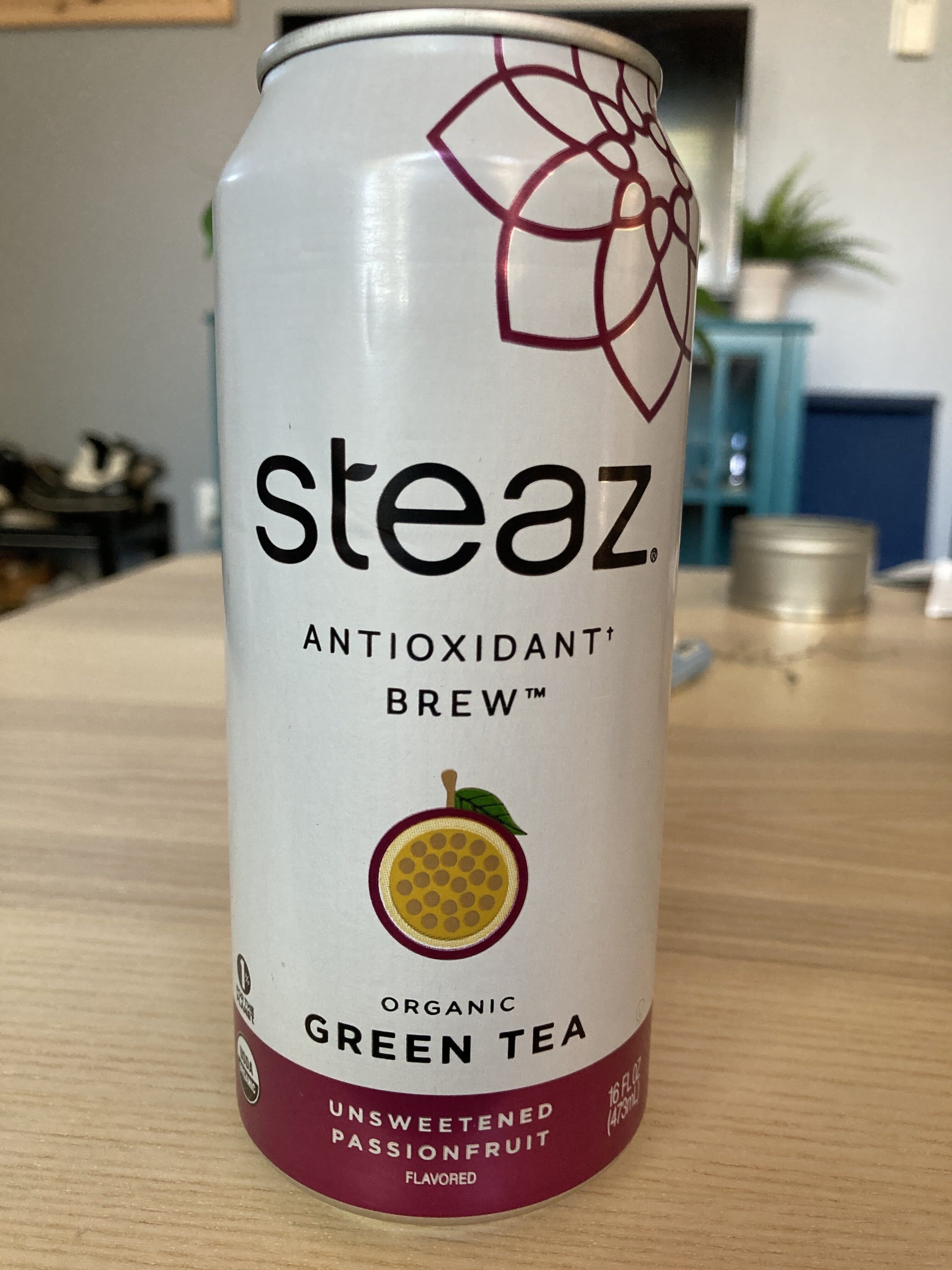Steaz Organic unsweetened passionfruit iced green tea, unsweetened passionfruit packshot