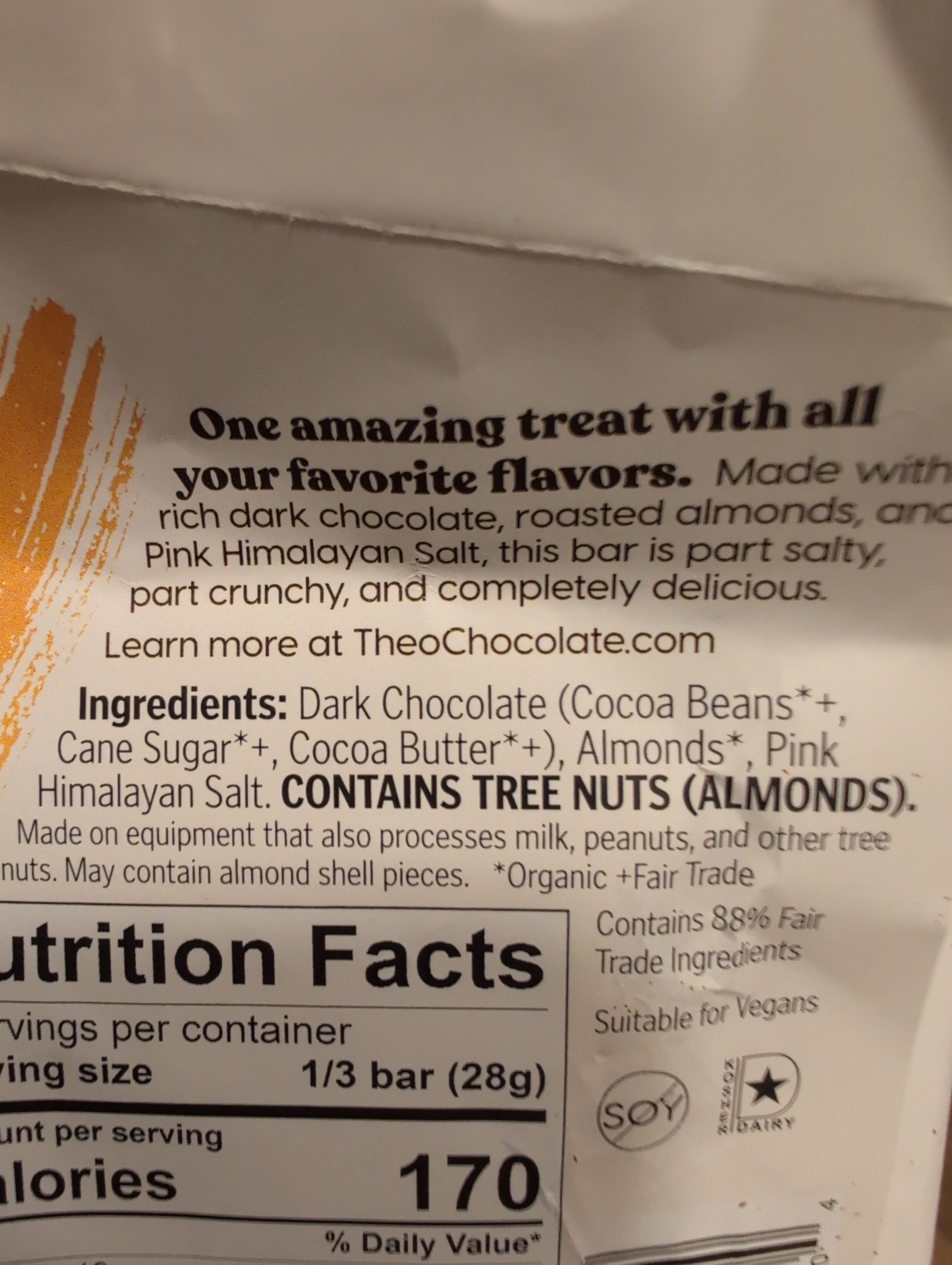 Theo Organic salted almond dark chocolate packshot