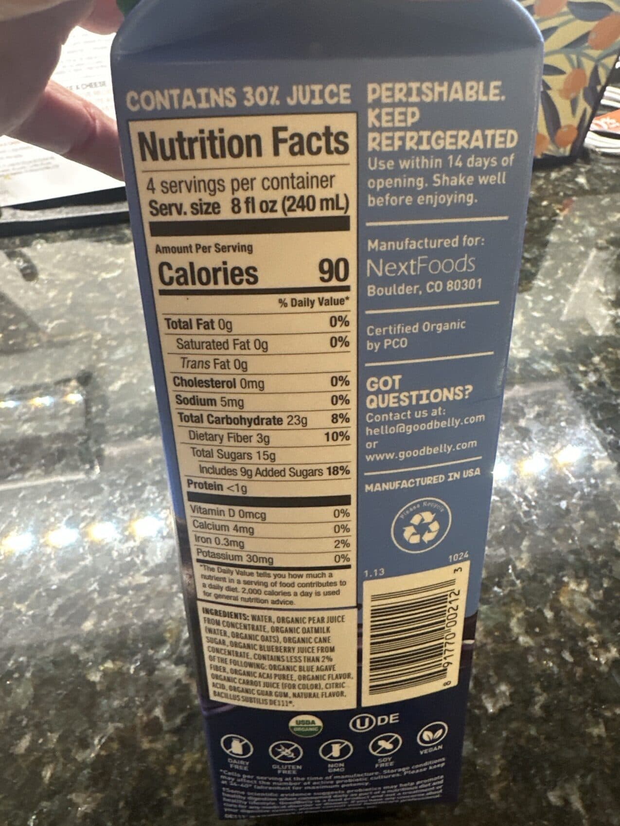Nextfoods Llc Goodbelly probiotic juice drink blueberry acai flavor packshot