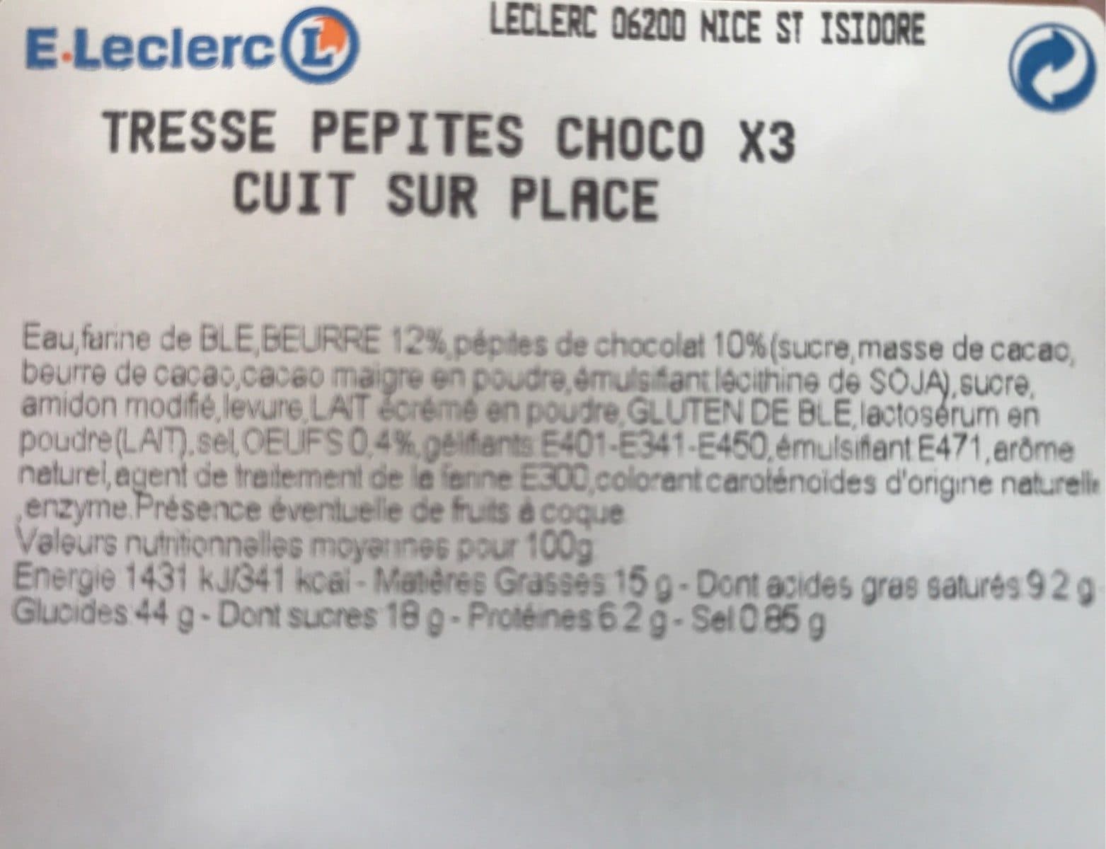 Leclerc Tresse pepites choco x3 cuit sur place packshot