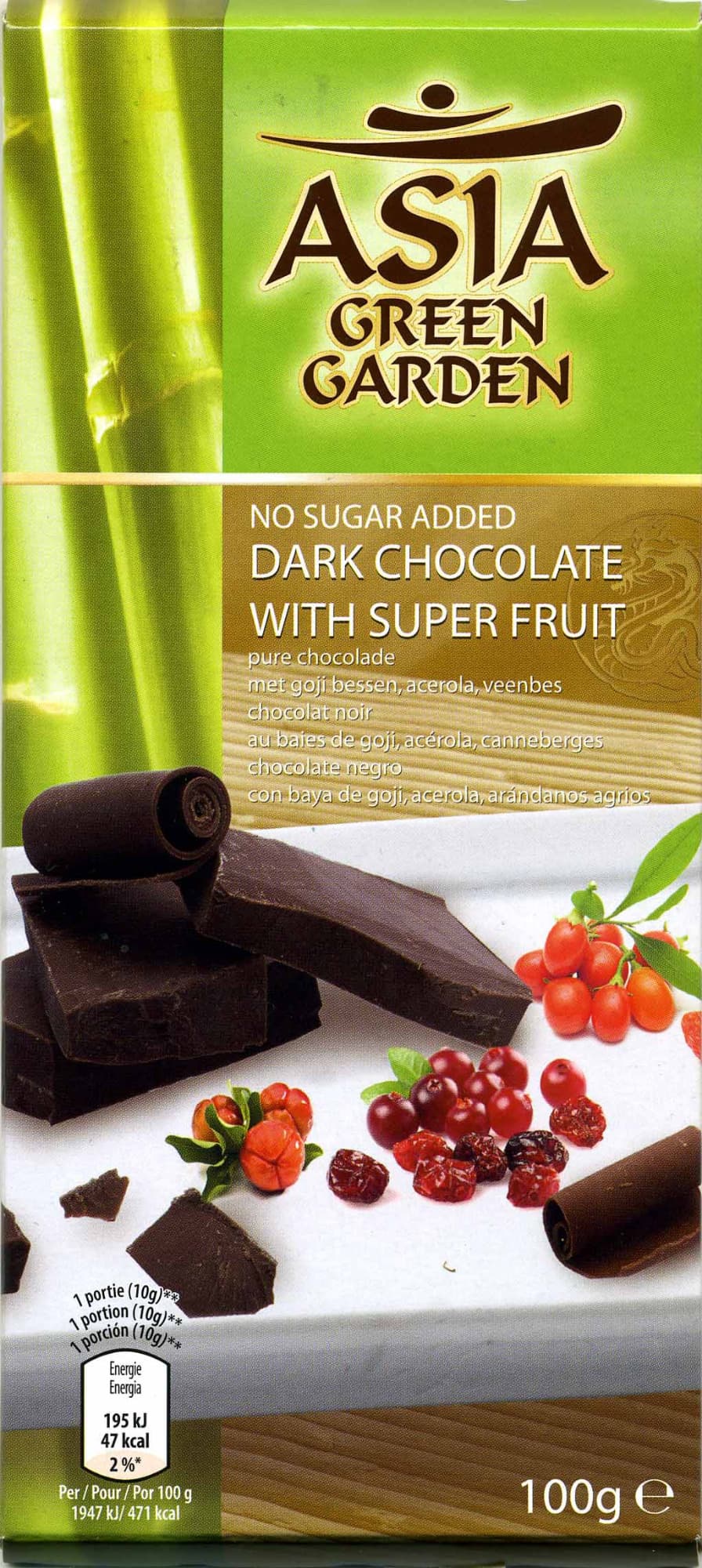 Asia Green Garden Chocolate negro con edulcorantes con frutas 54% cacao packshot