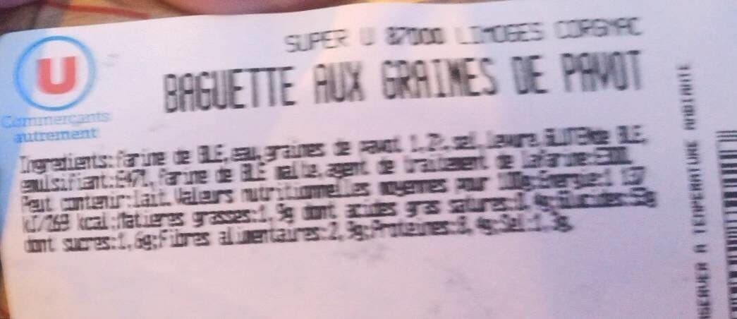 Super U Baguette aux Graines de Pavot packshot