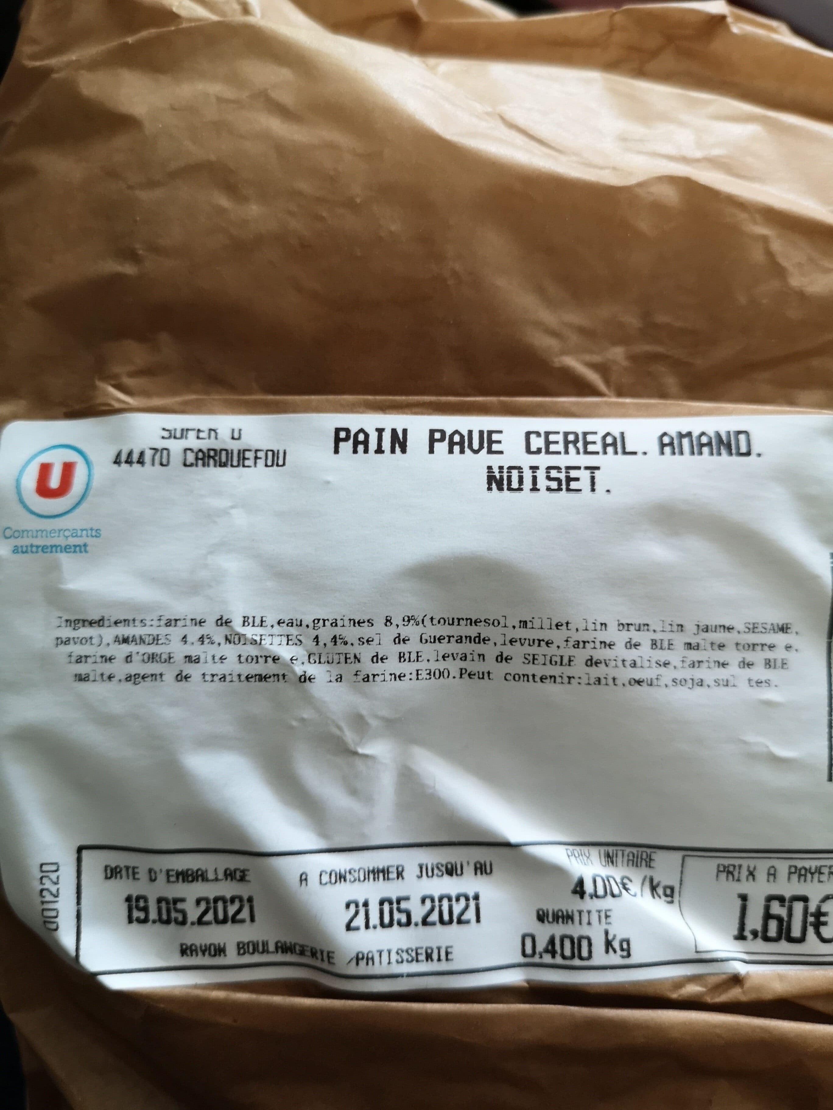 Pavé Privilège U Pain aux céréales, amandes et noisettes, 1 pièce packshot