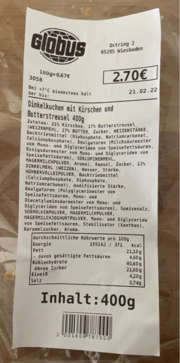 Globus Dinkelkuchen mit Kirschen packshot