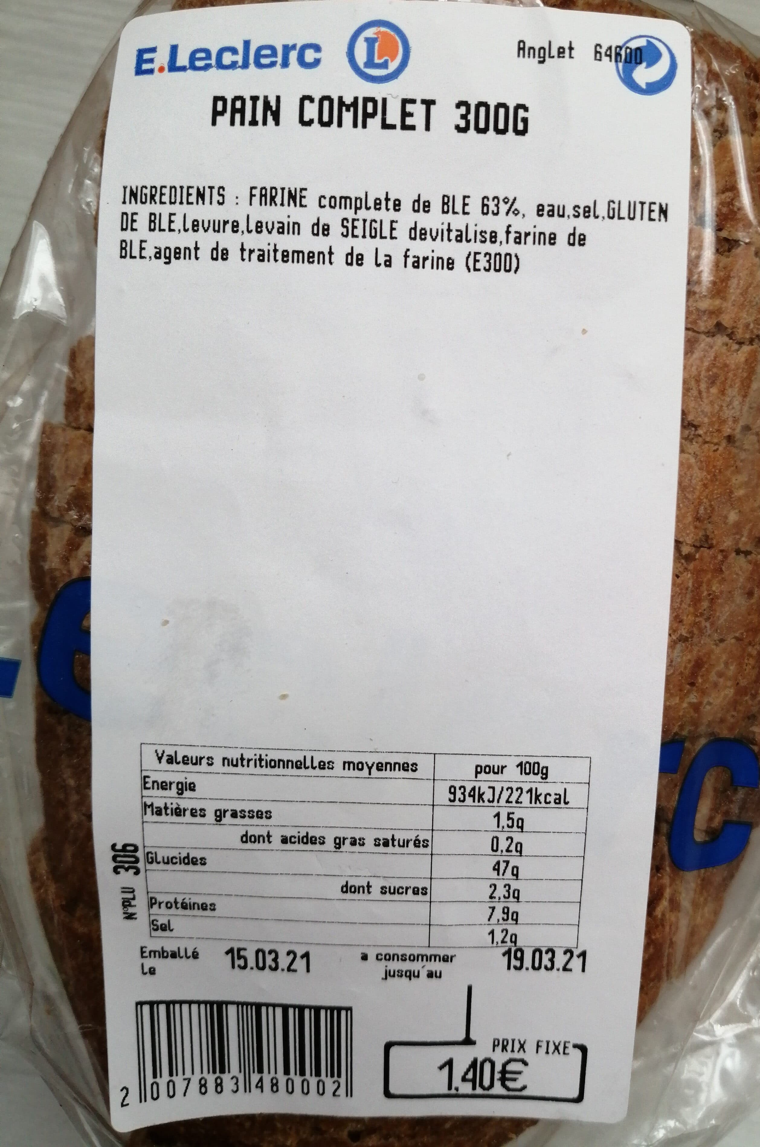Leclerc Pain complet 300G packshot