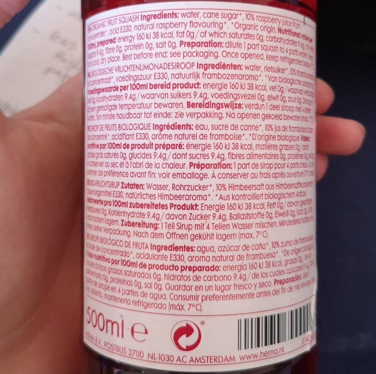 Hema Sirop de framboise biologique packshot