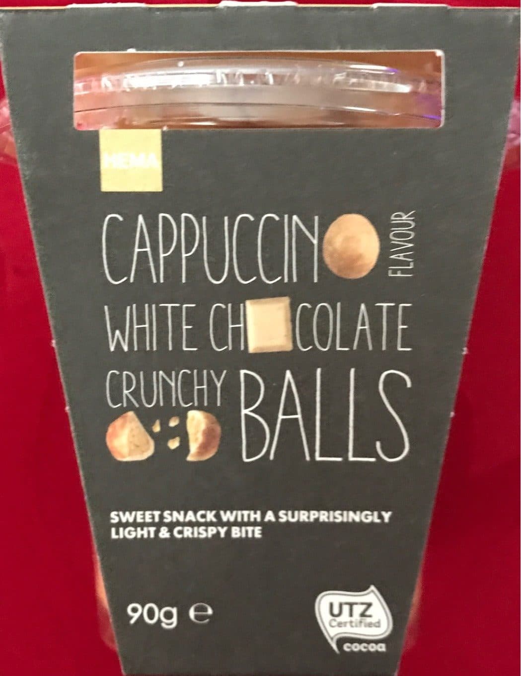 Hema Cappuccino flavour white chocolate crunchy balls packshot