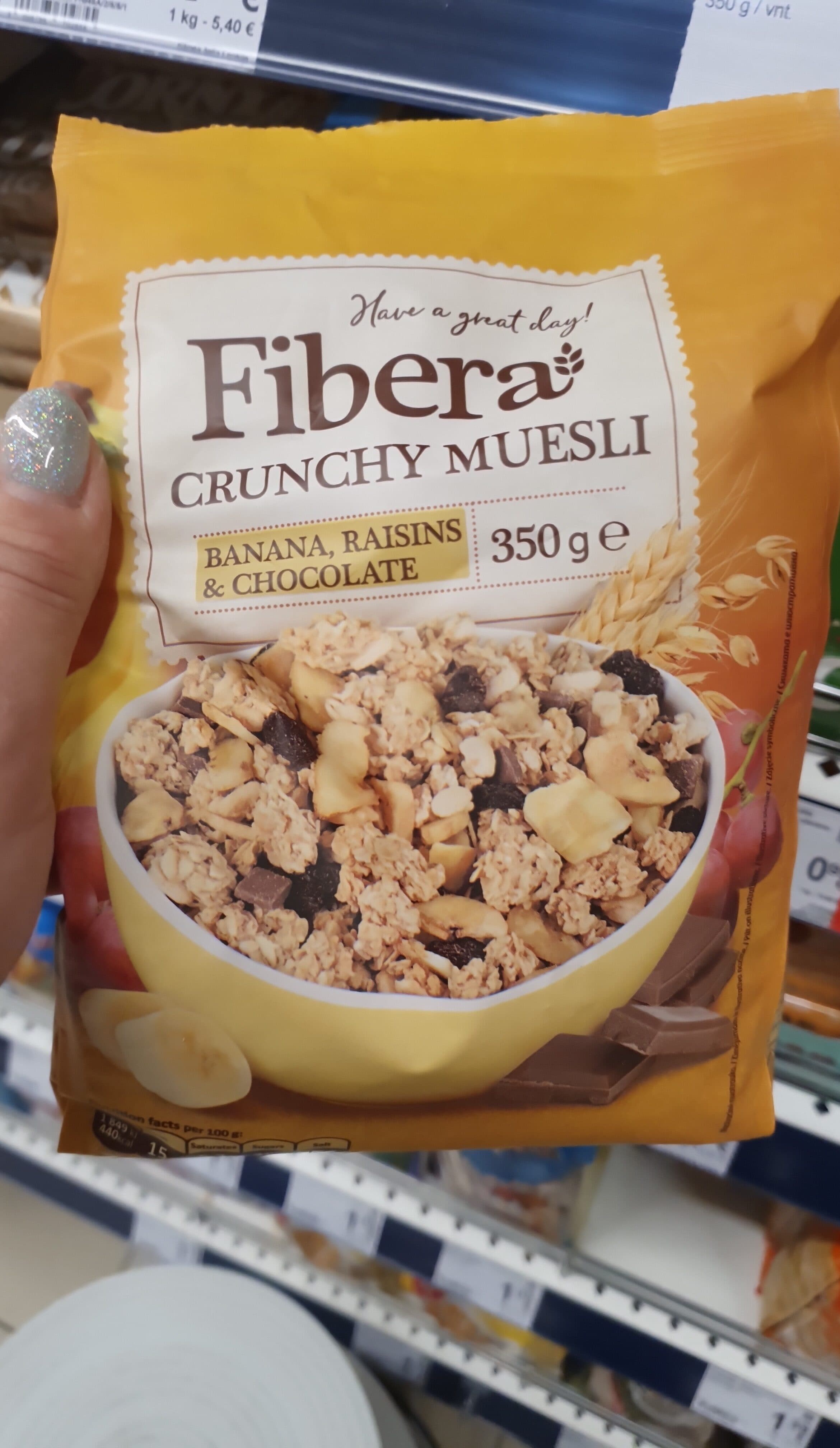 Fibera Skrudinti dribsniai su saldintais bananų traškučiais, razinomis ir pieninio šokolado gabaliukais packshot