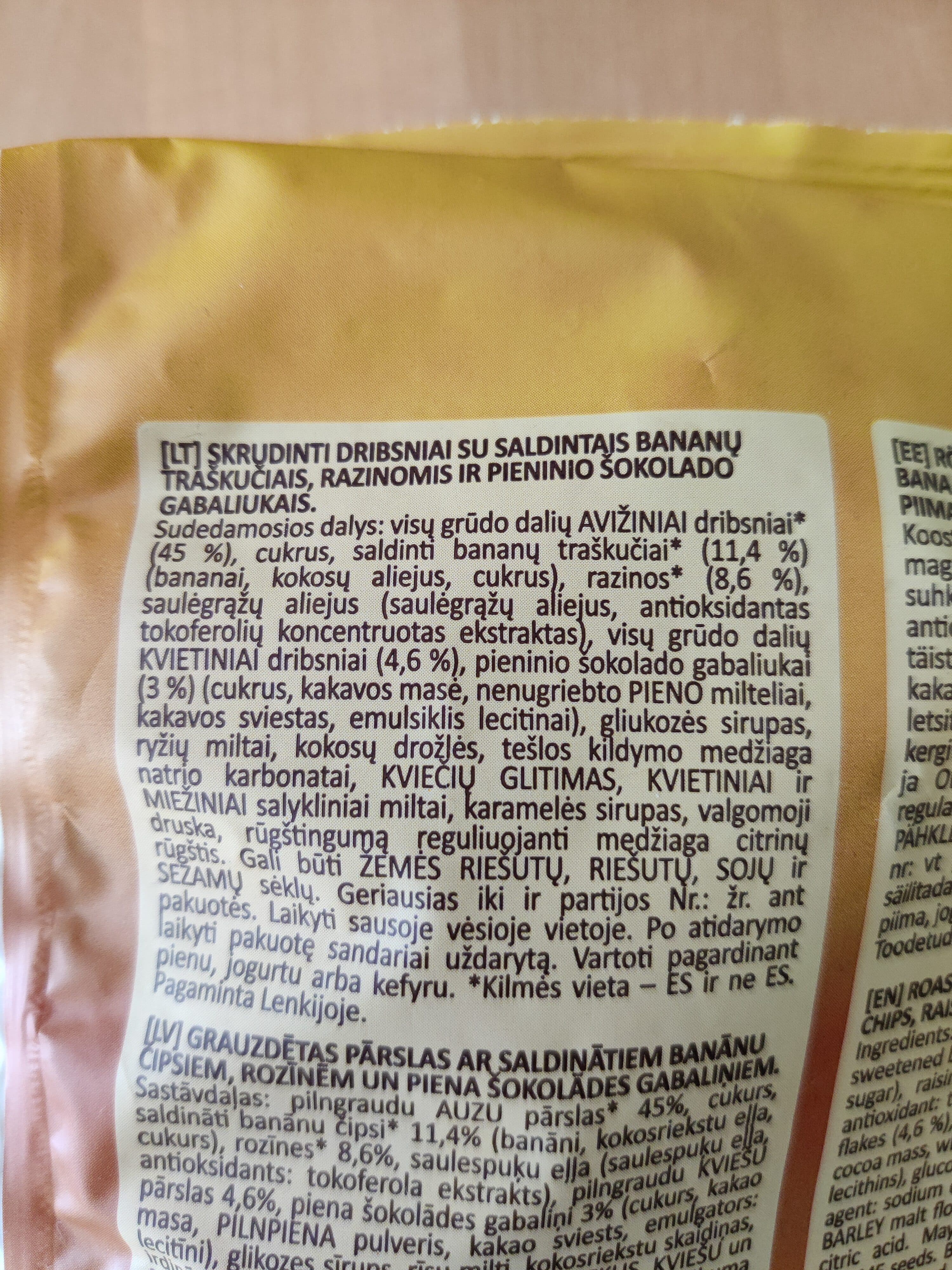 Fibera Skrudinti dribsniai su saldintais bananų traškučiais, razinomis ir pieninio šokolado gabaliukais packshot