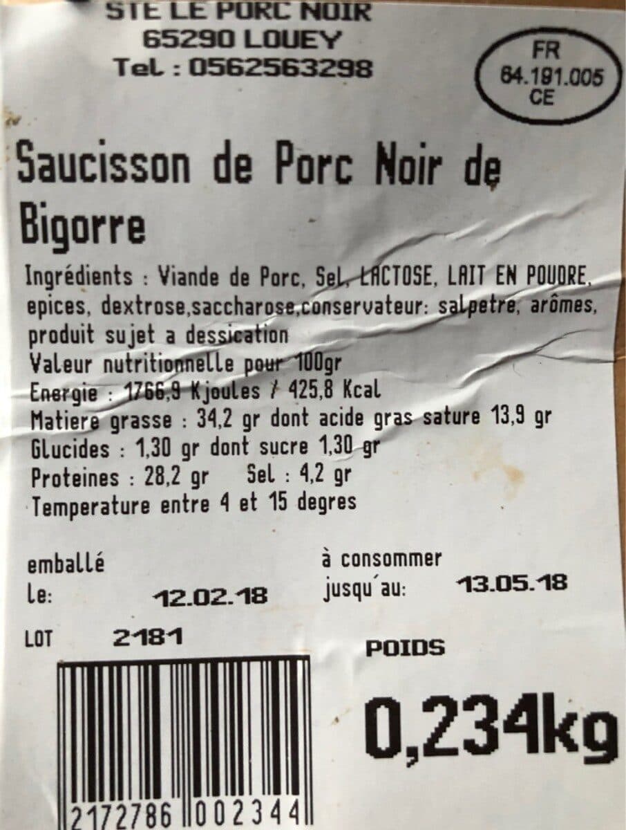 Open Food Facts Saucisson de porc noir de bigorre packshot