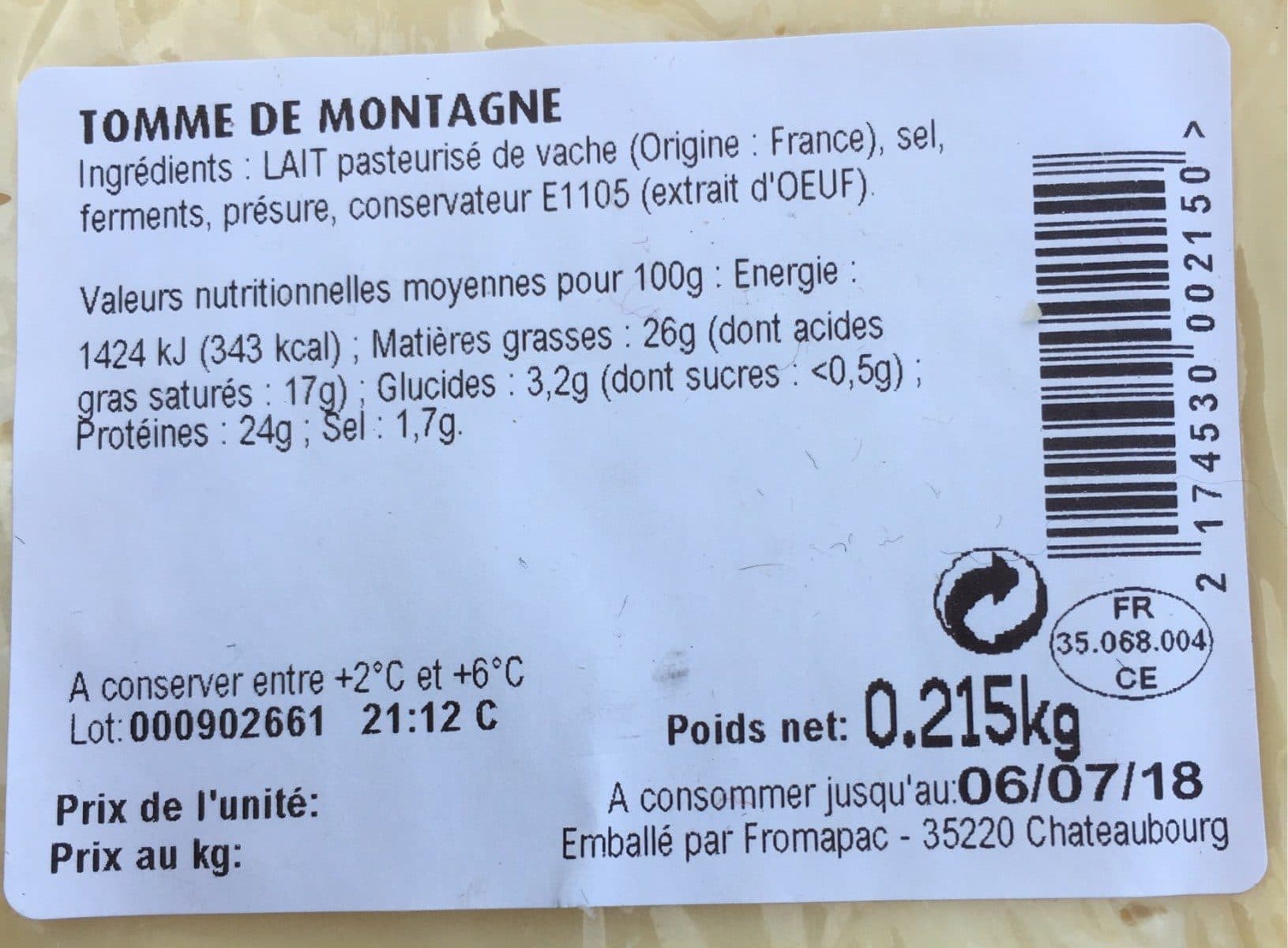 Open Food Facts Tomme de montagne packshot