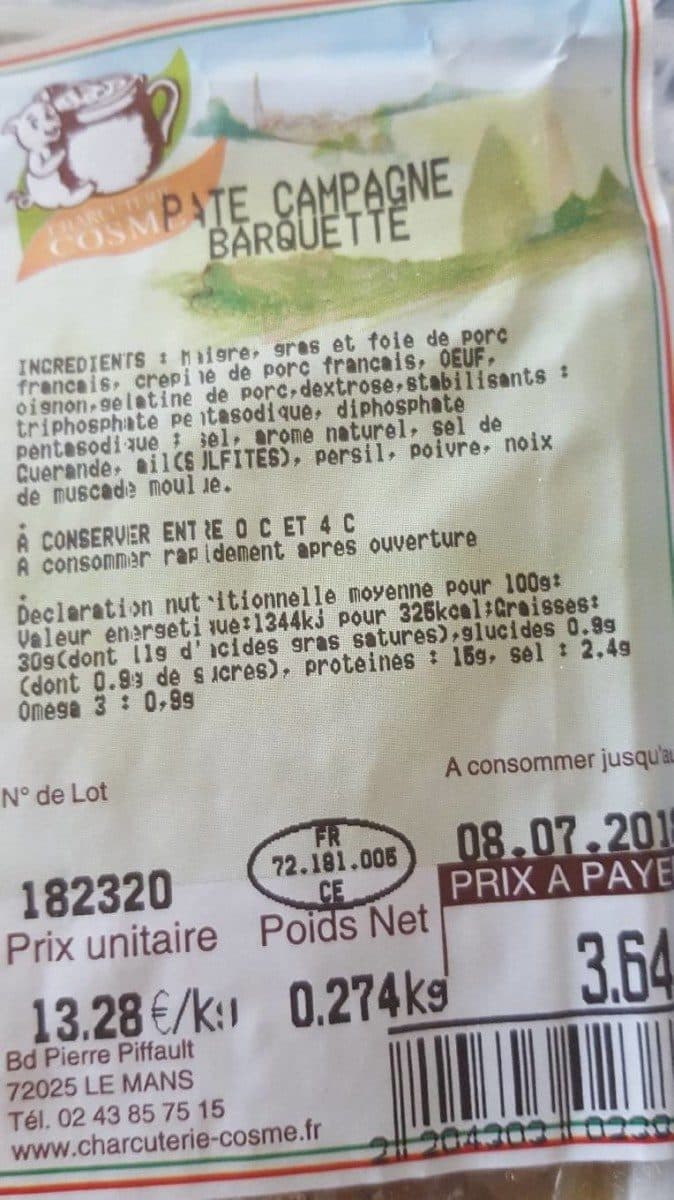 Charcuterie Cosme Pâte campagne barquette packshot