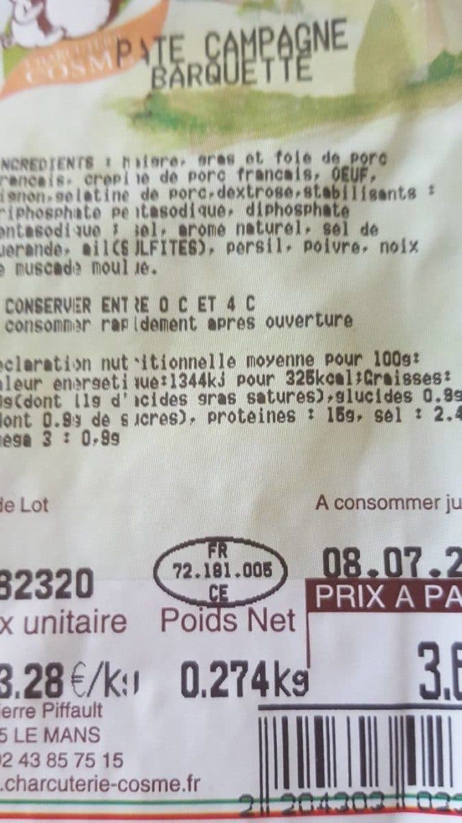 Charcuterie Cosme Pâte campagne barquette packshot
