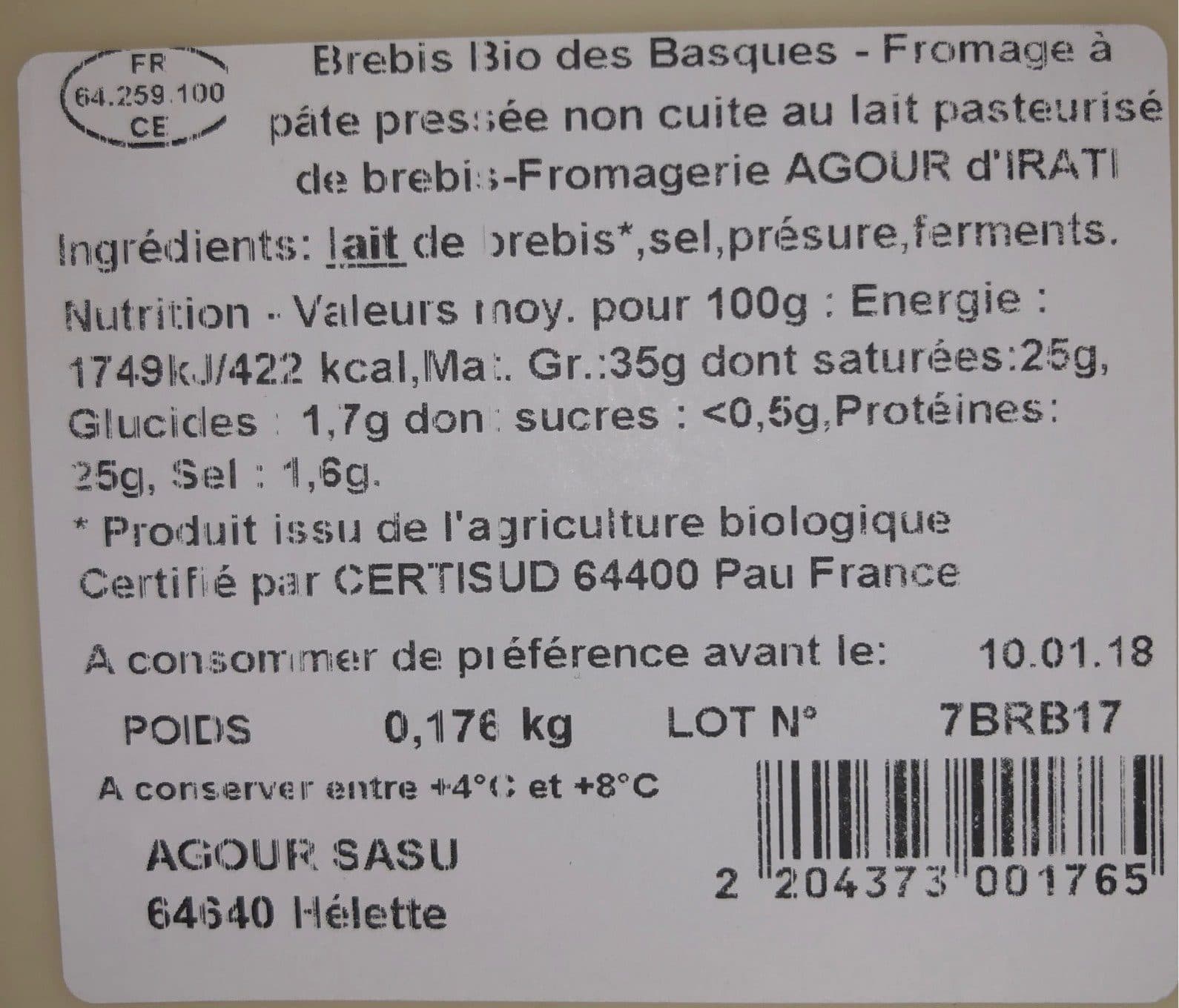 Agour Brebis Bio des Basques packshot