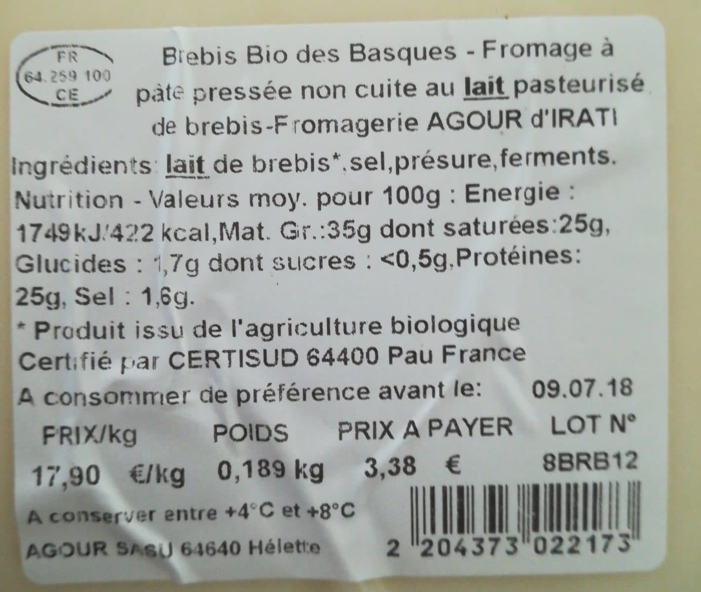 Open Food Facts Brebis Bio des Basques packshot
