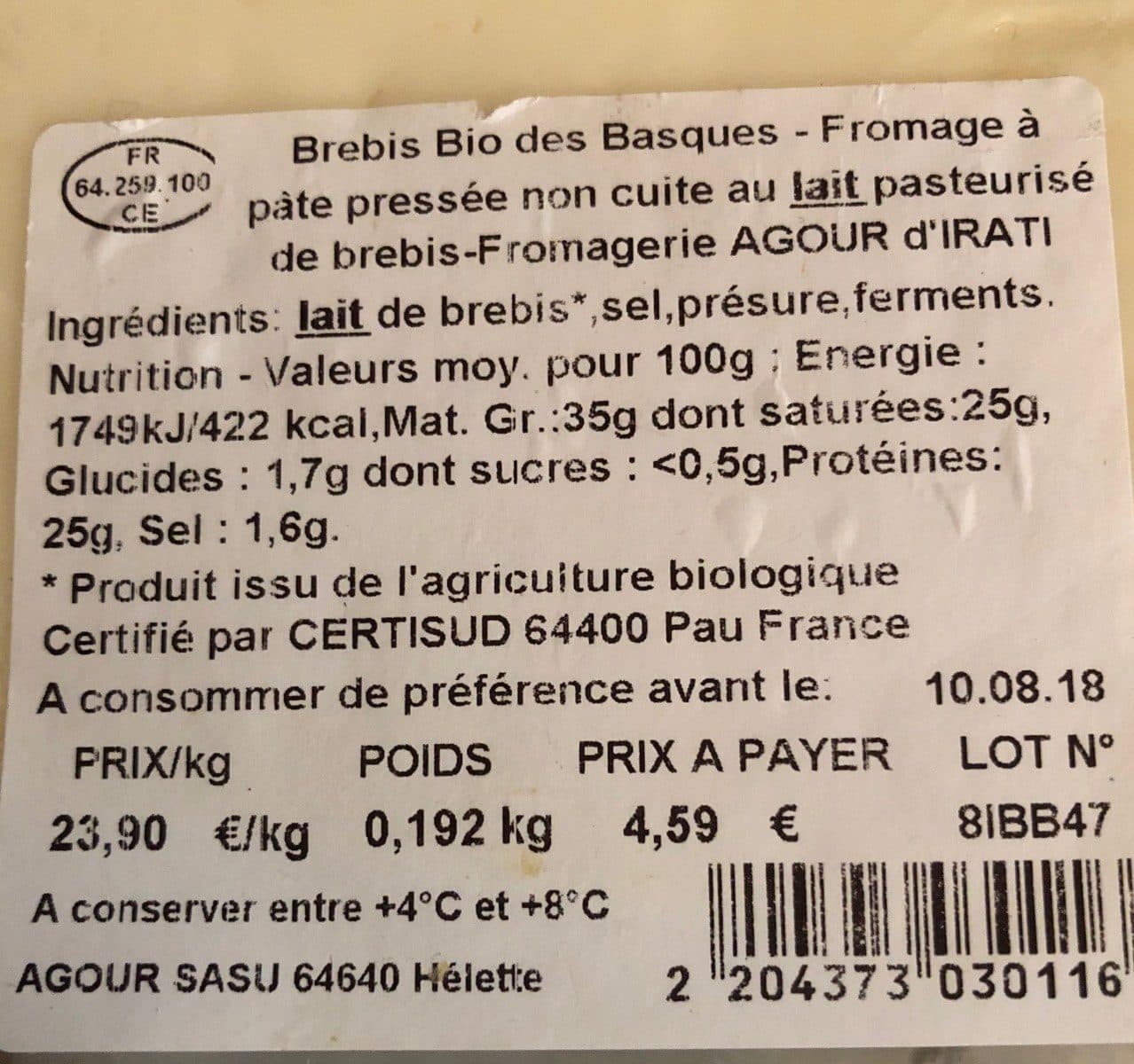 Open Food Facts Brebis bio des basques packshot