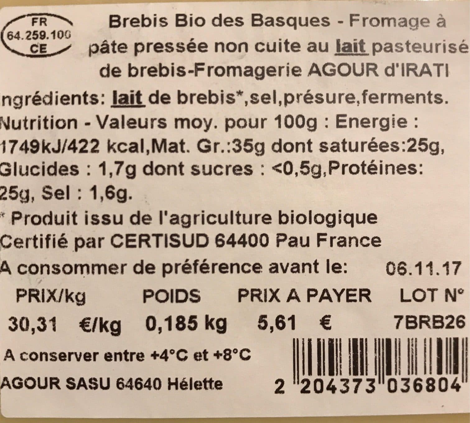 Agour Brebis bio des Basques packshot