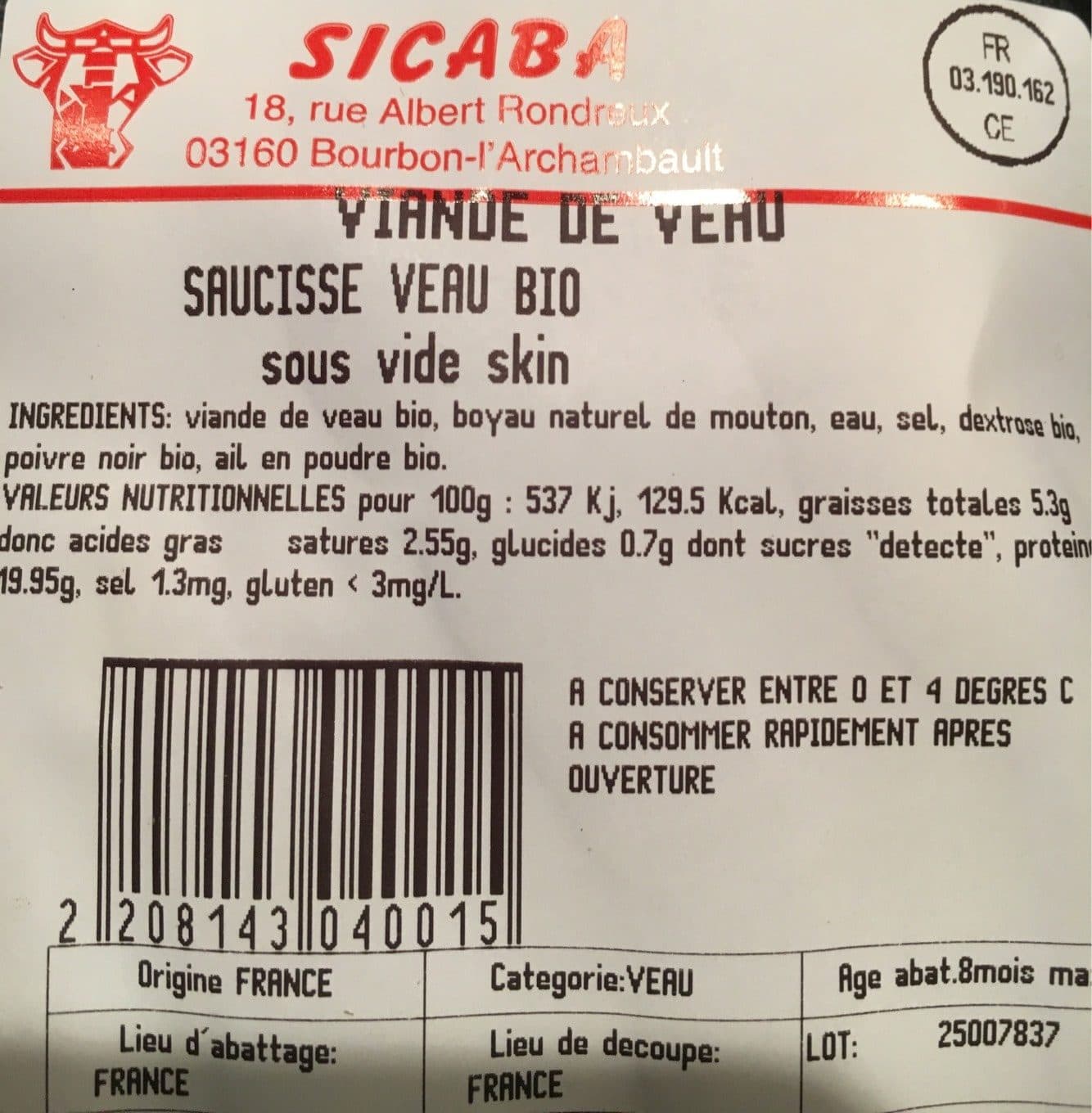 Sicaba Saucisse veau packshot