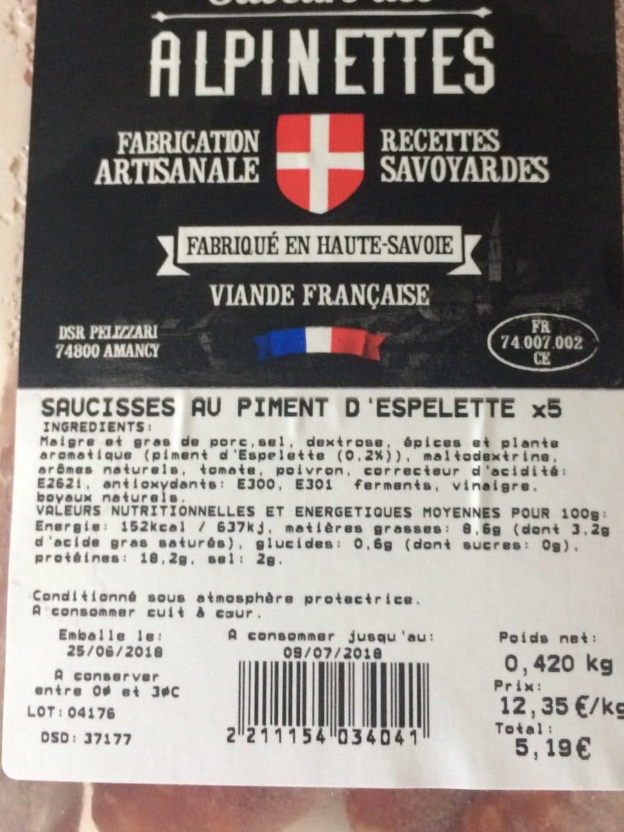 Open Food Facts Saucisses au piment d'espelette packshot