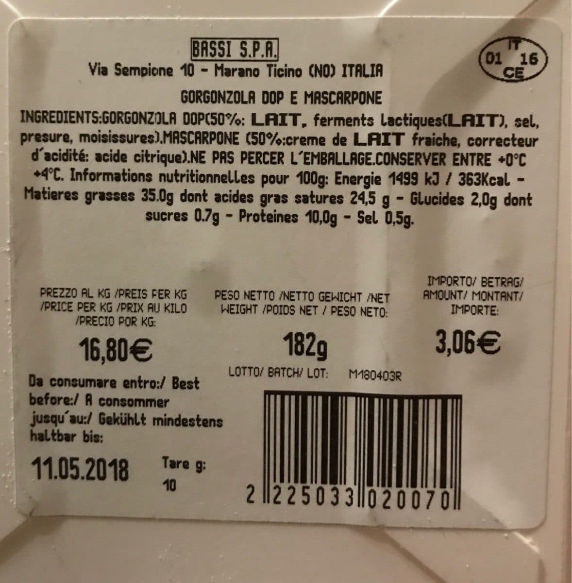 Open Food Facts Gorgonzola DOP Mascarpone packshot