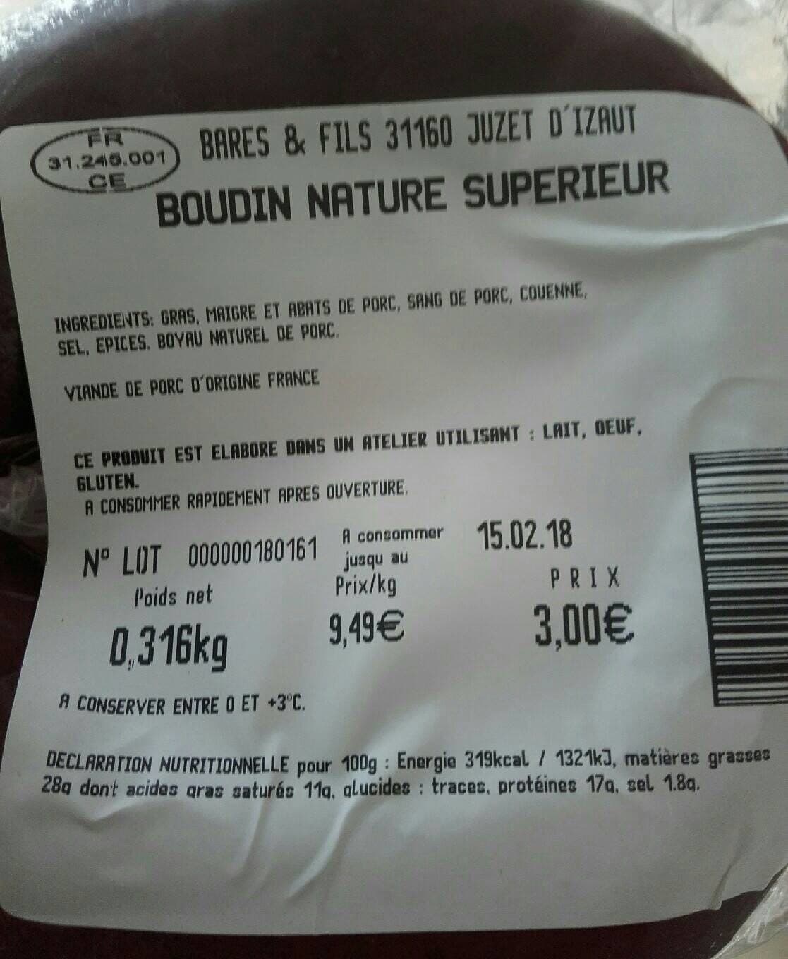 BARES ET FILS Boudin nature supérieur packshot