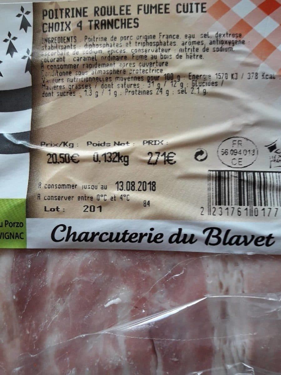 Open Food Facts Poitrine roulée fumée cuite choix 4 tranches packshot